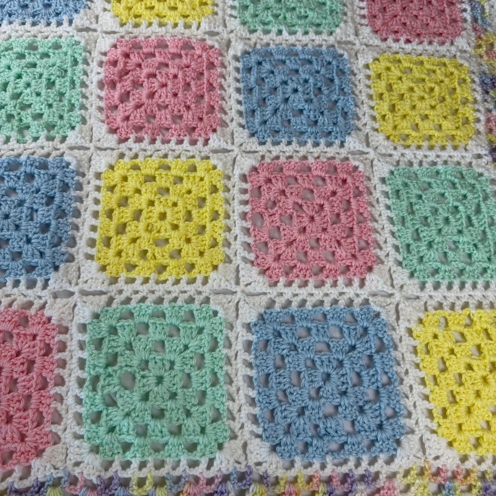 Handmade Crochet Baby Blanket Pastel Granny Square White Trim 31x29 Vintage